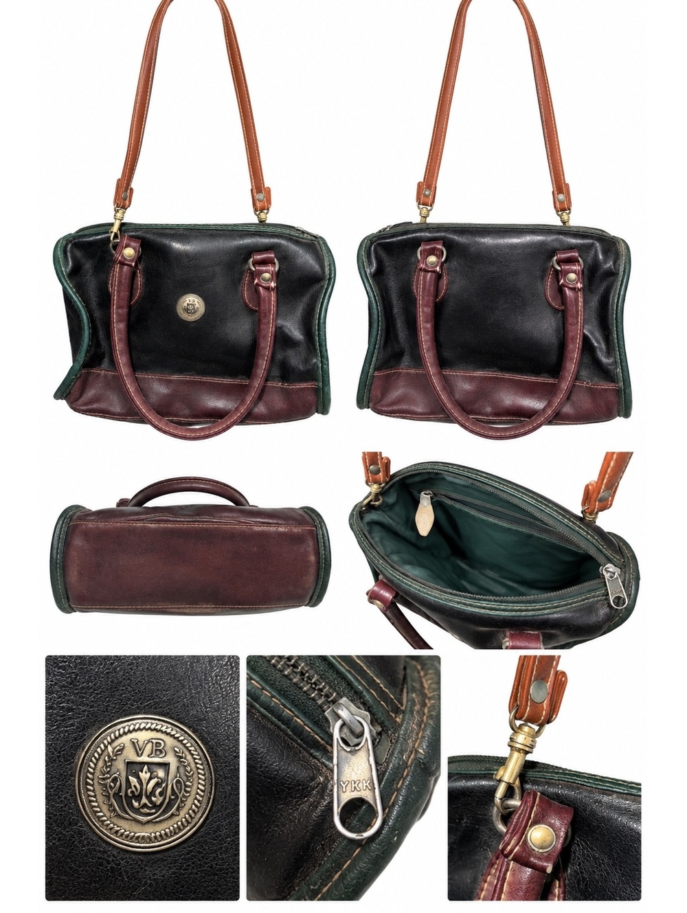 Black and burgundy leather satchel bag